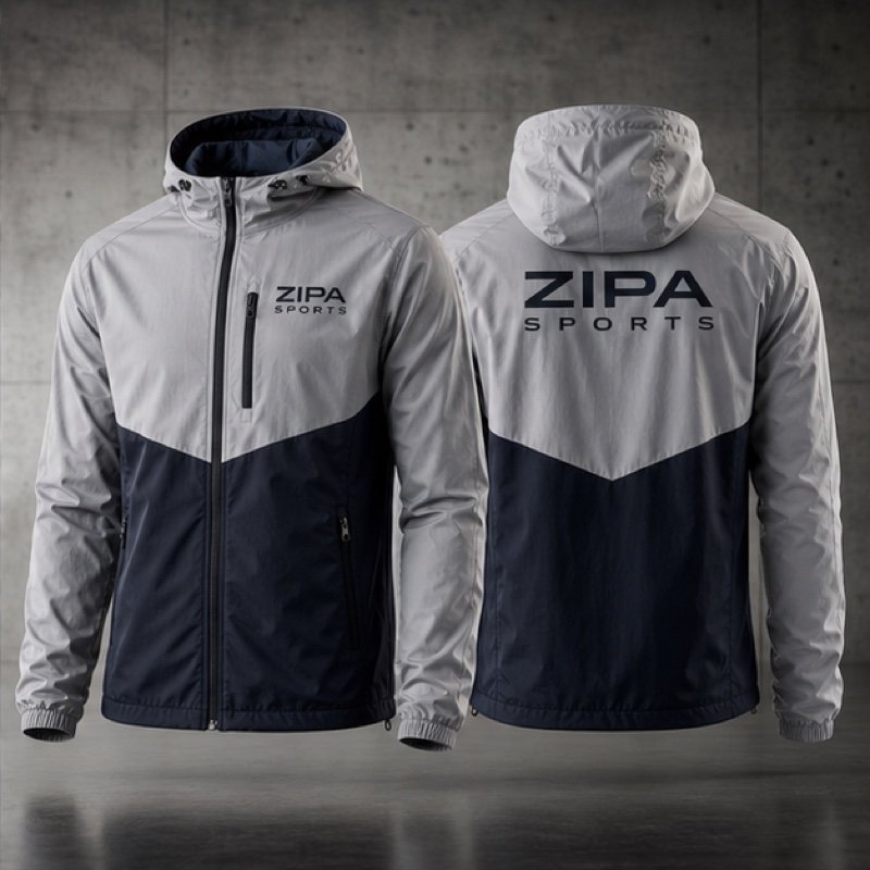 Custom lightweight windbreaker jacket with water-repellent shell manufactured by ZipaSports