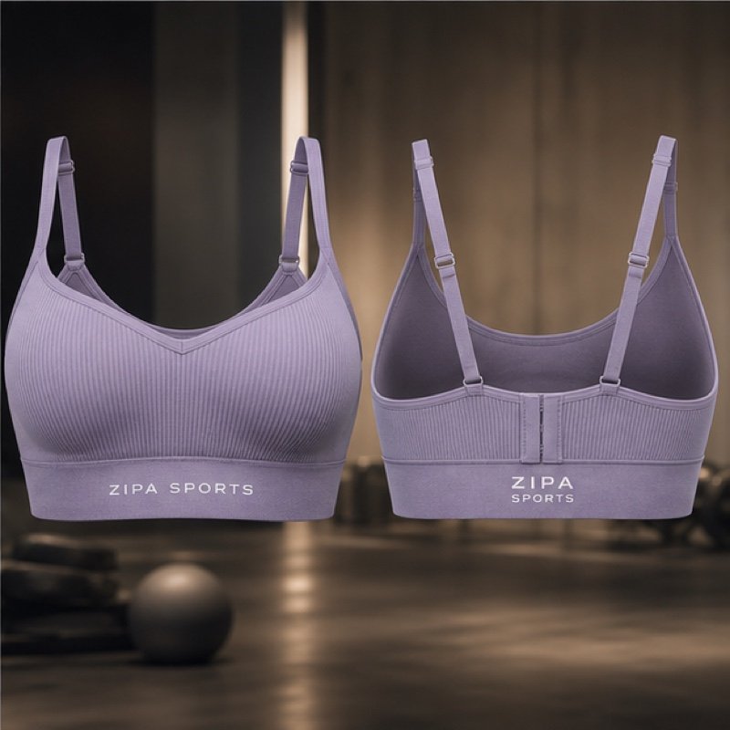Custom seamless ribbed sports bra manufactured by ZipaSports