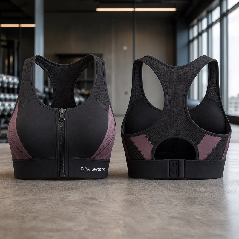 Custom zip-front sports bra with autolock zip manufactured by ZipaSports