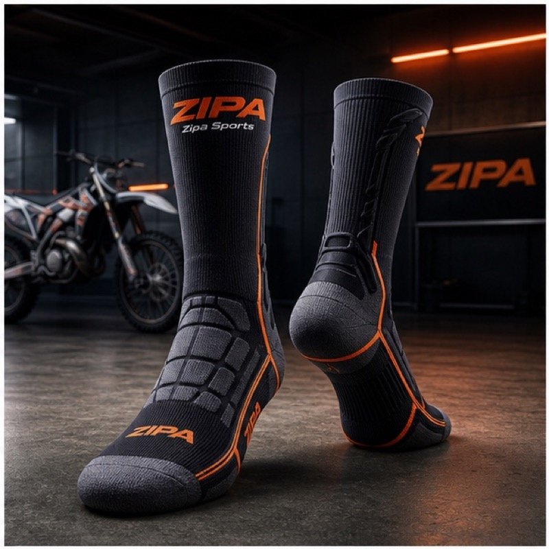 Custom over-the-calf enduro riding socks with cushioned footbed manufactured by ZipaSports