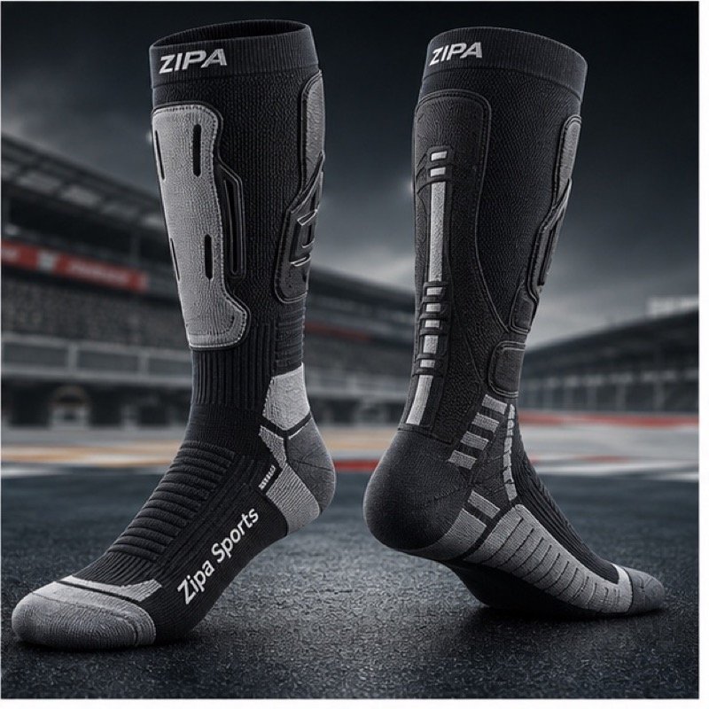 Custom knee-length motocross socks with cushioned shin panels manufactured by ZipaSports