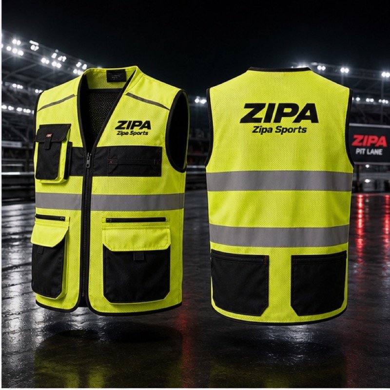 Custom hi-vis pit marshal vest manufactured by ZipaSports