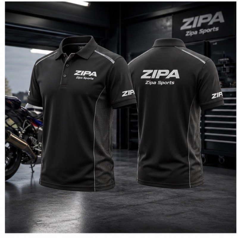 Custom pit crew polo with press-stud placket and sponsor sublimation manufactured by ZipaSports