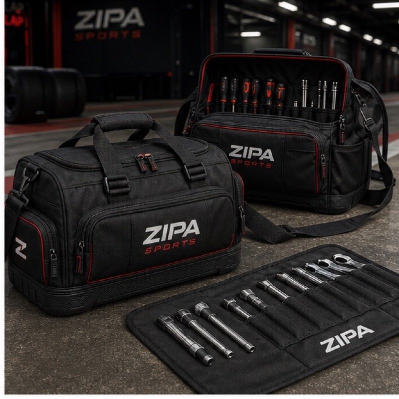 Custom 600D pit tool bag with elastic tool loops manufactured by ZipaSports