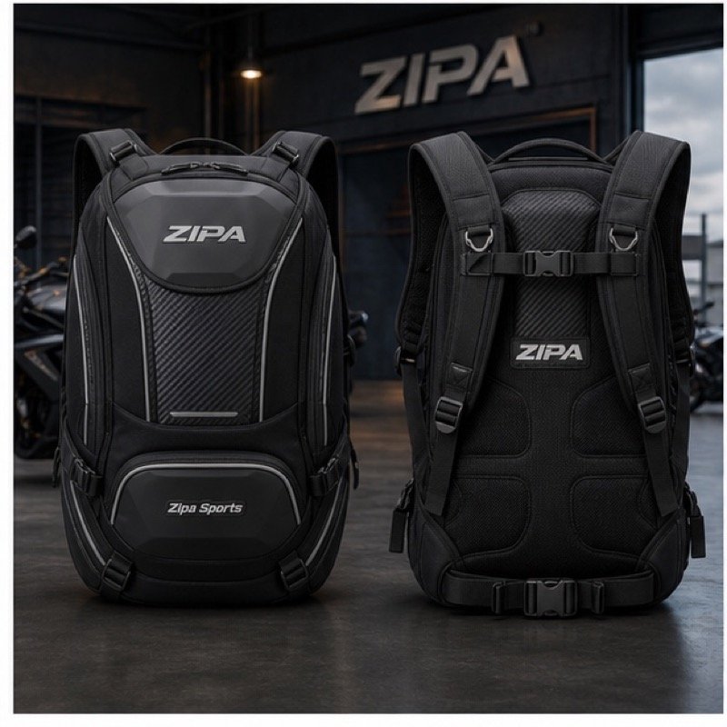 Custom moto commuter backpack with helmet cradle manufactured by ZipaSports
