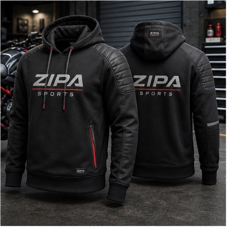 Custom heavyweight moto hoodie with puff print branding manufactured by ZipaSports