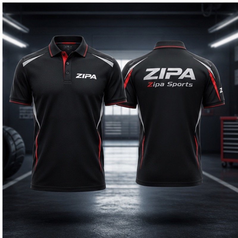 Custom sublimated team race polo with sponsor logos manufactured by ZipaSports