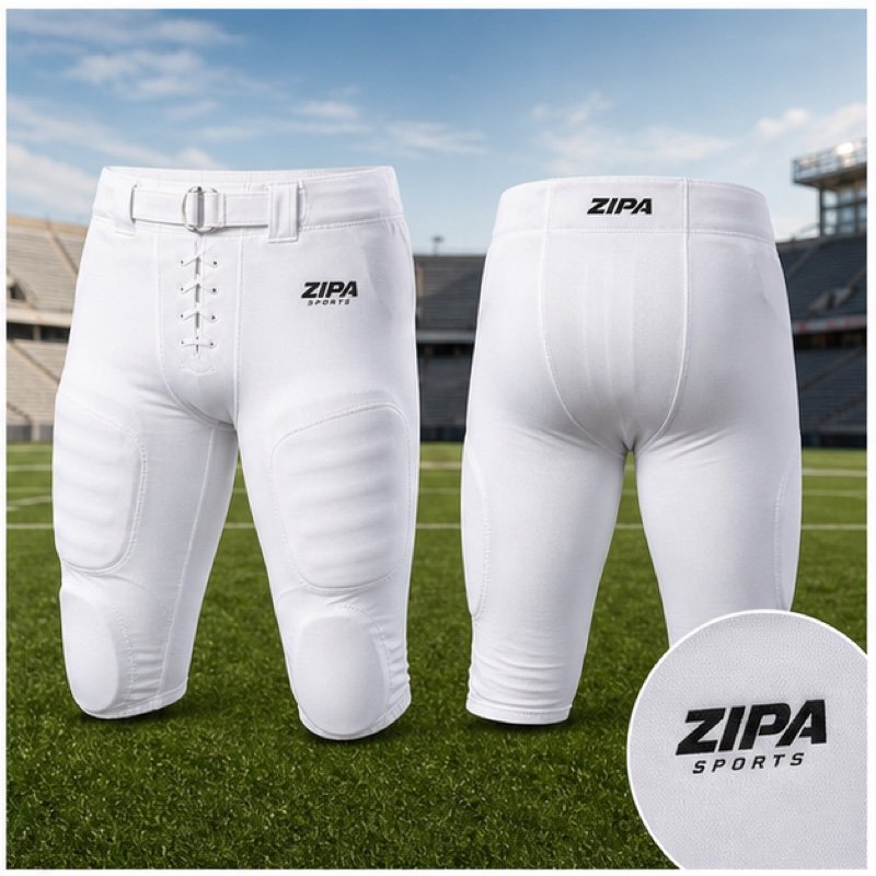 Custom American football game pants with integrated pads manufactured by ZipaSports