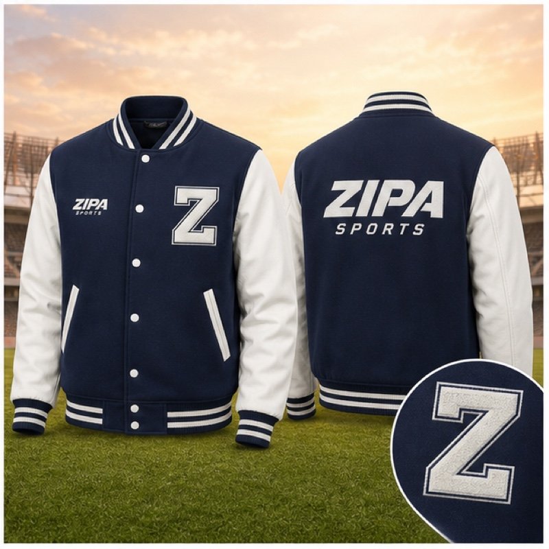 Custom letterman varsity jacket with chenille lettering manufactured by ZipaSports