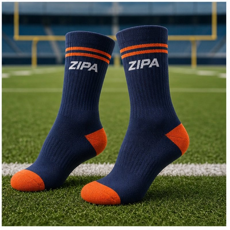 Custom American football team crew socks with knitted logos manufactured by ZipaSports