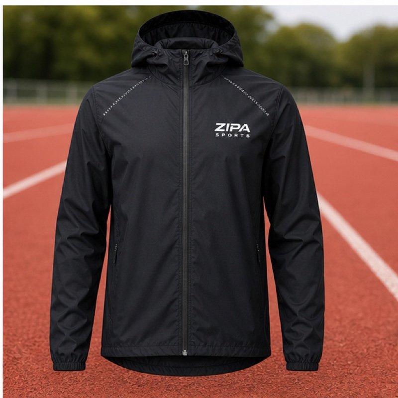 Custom lightweight athletics running rain shell manufactured by ZipaSports