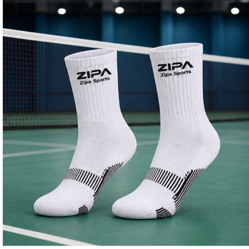 Custom badminton court socks with cushioned terry sole and knitted team colours manufactured by ZipaSports