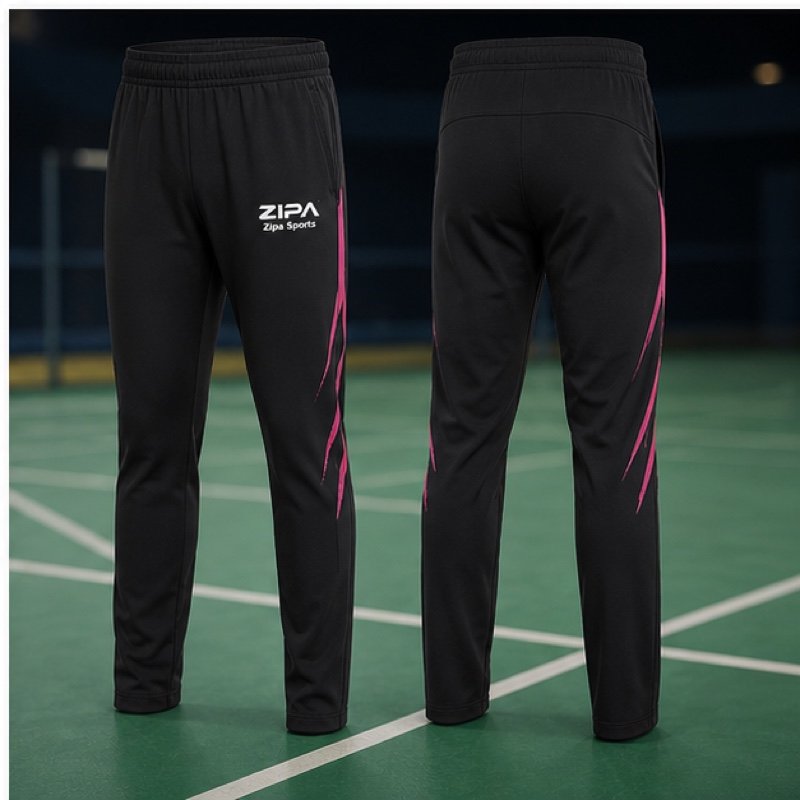 Custom badminton track pants with zipped ankle gussets manufactured by ZipaSports