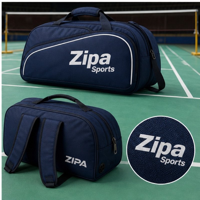 Custom ventilated badminton shoe bag in 600D polyester with sublimated club design manufactured by ZipaSports