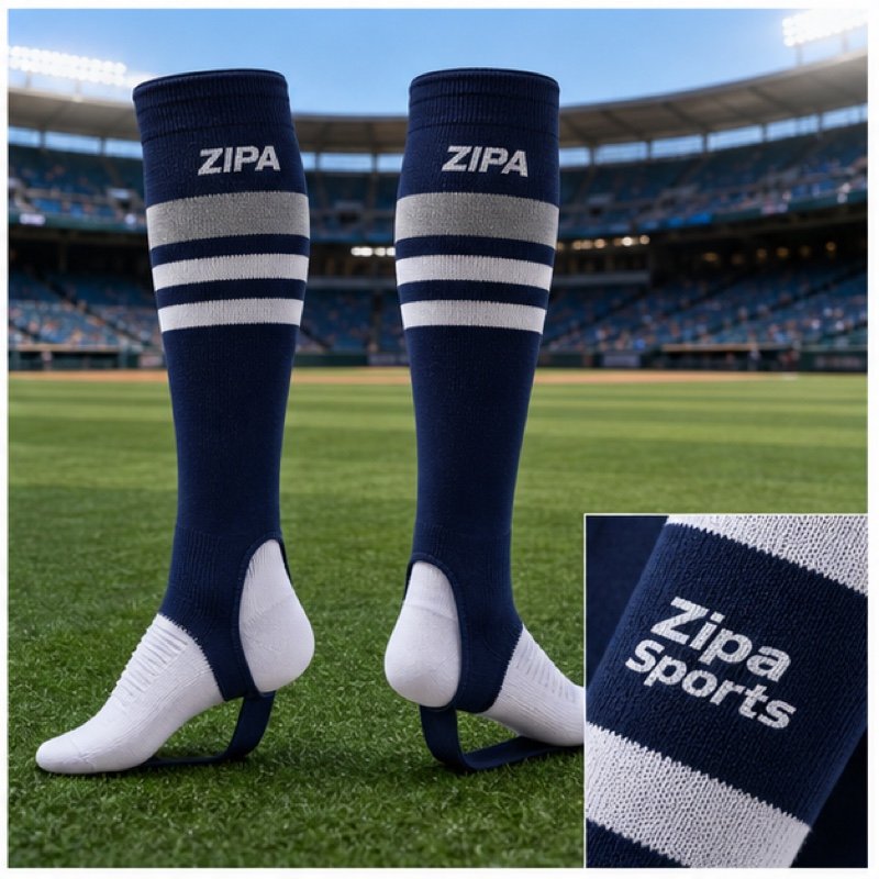 Custom knitted baseball stirrup socks with contrast stripes manufactured by ZipaSports