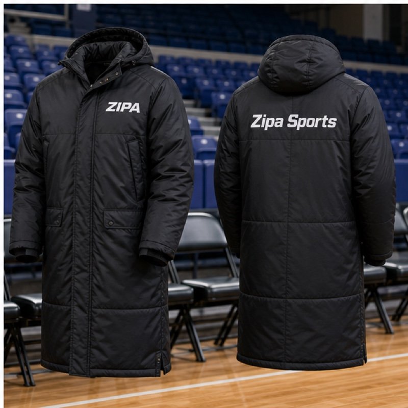Custom basketball sideline bench parka manufactured by ZipaSports