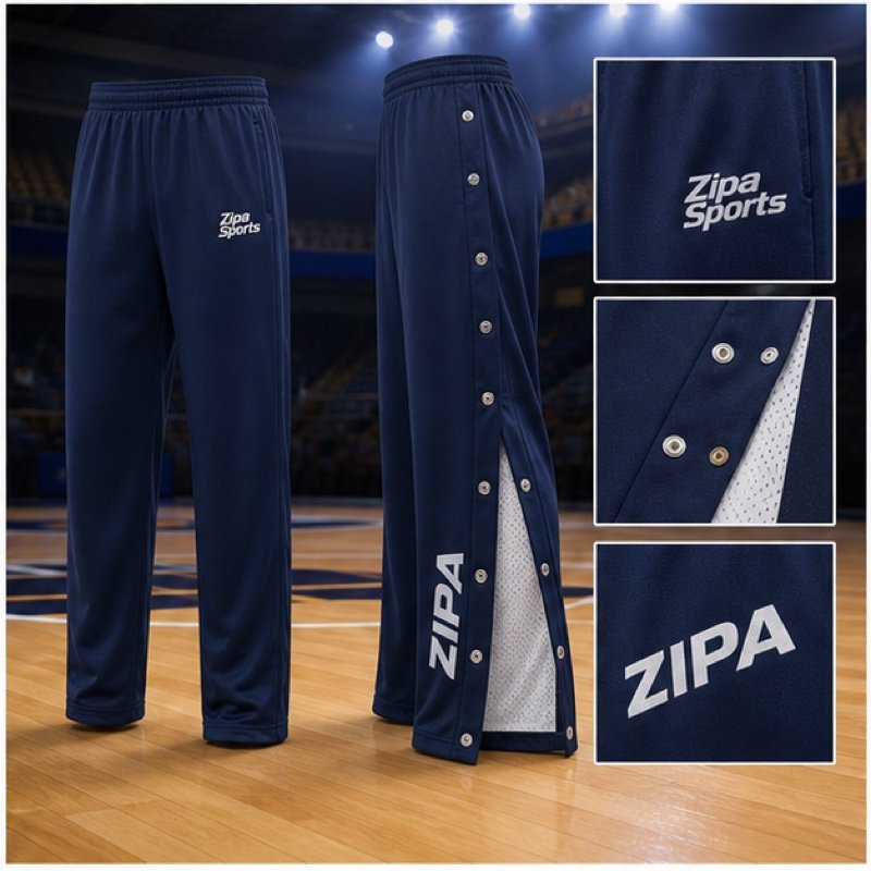 Custom basketball tearaway warm-up pants with full-length snap plackets manufactured by ZipaSports