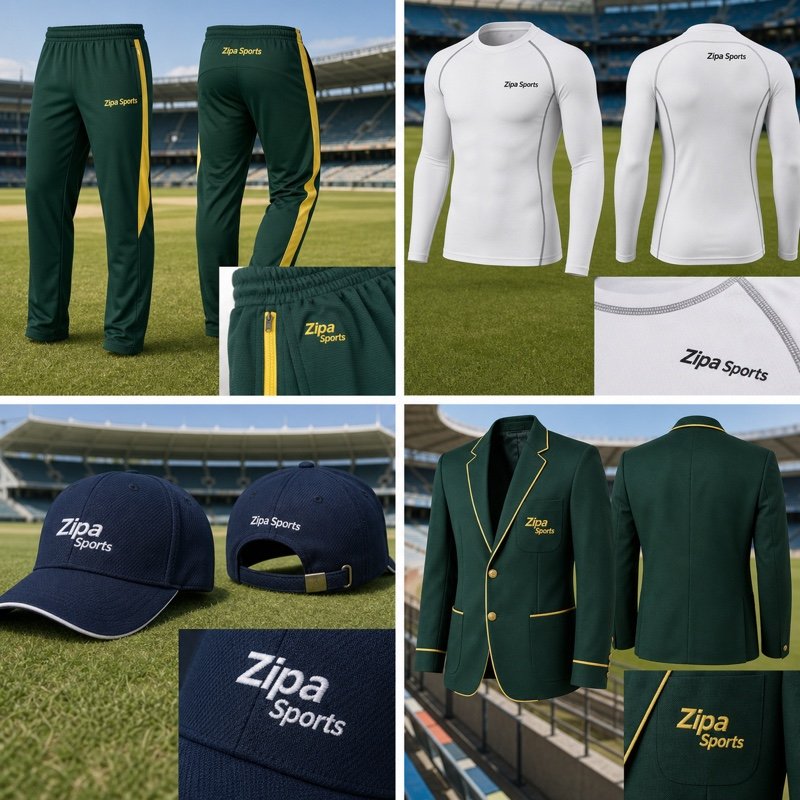 Custom six-panel cricket cap with 3D embroidered club crest manufactured by ZipaSports