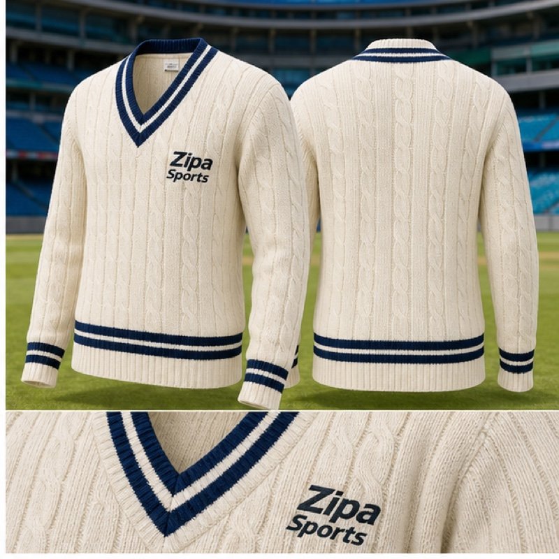 Custom long sleeve cricket sweaters with club colour tipping manufactured by ZipaSports