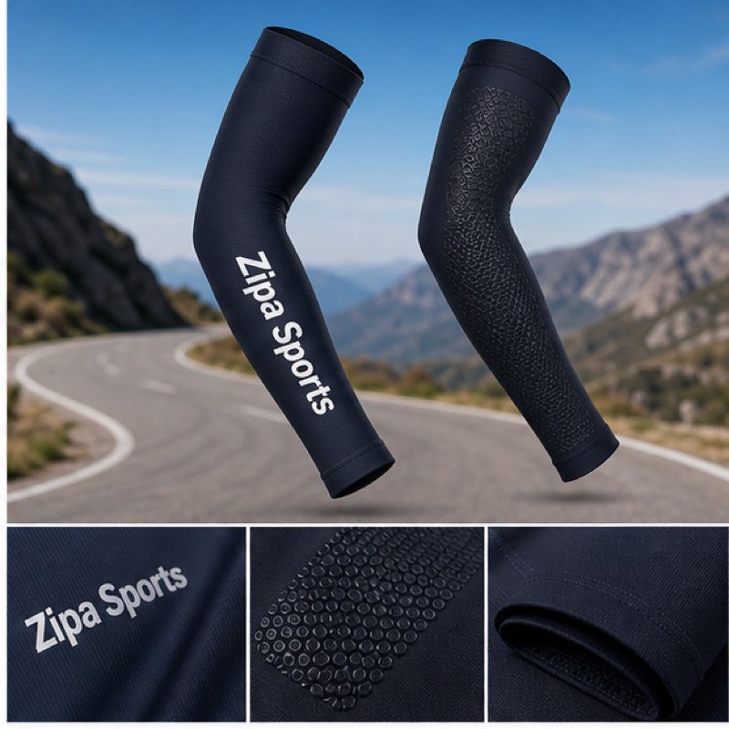Custom sublimated cycling arm warmers with silicone grippers manufactured by ZipaSports