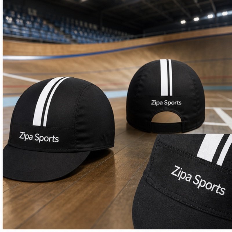 Custom sublimated cycling cap with stitched peak in team colours manufactured by ZipaSports