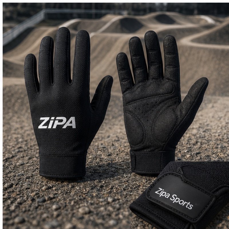 Custom short-finger cycling gloves with gel padded palms and sublimated backs manufactured by ZipaSports