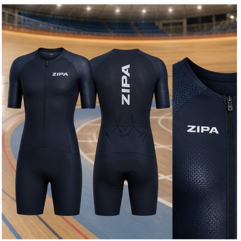 Custom sublimated cycling skinsuit with rear pockets and silicone leg grippers manufactured by ZipaSports