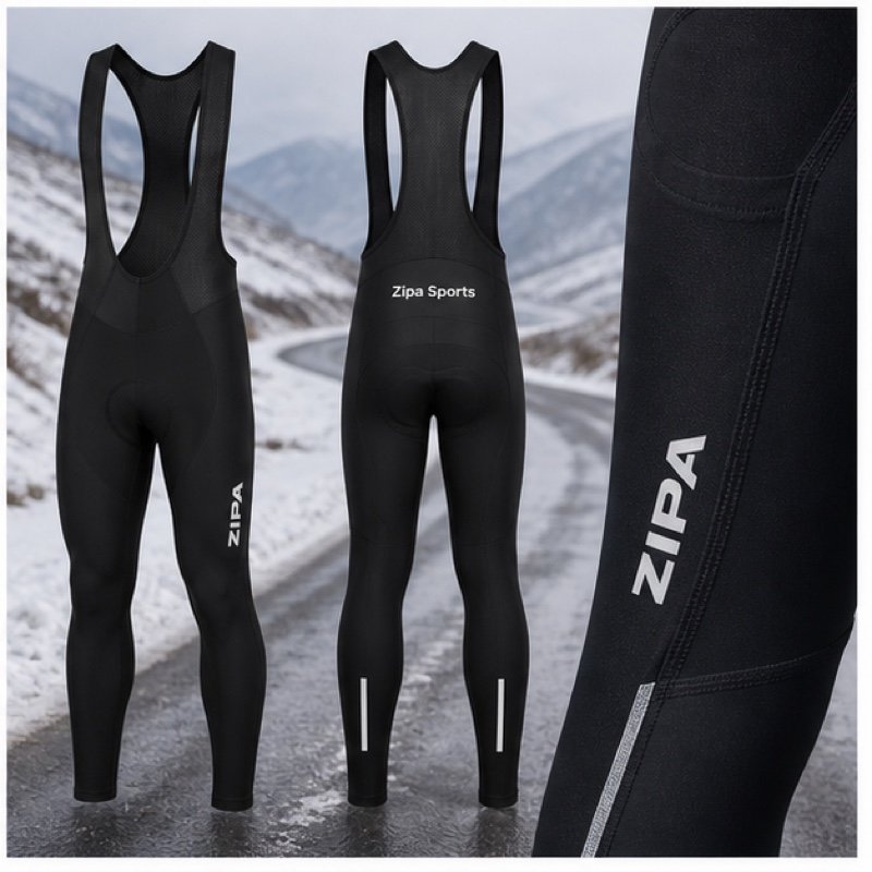 Custom thermal cycling bib tights with chamois pad manufactured by ZipaSports