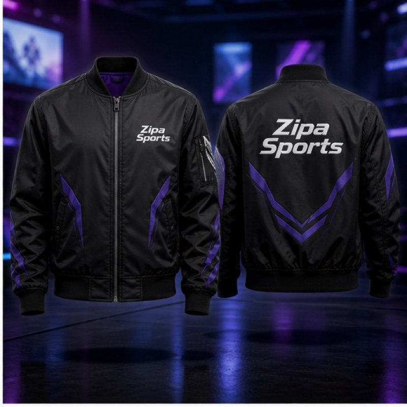 Custom esports bomber jacket manufactured by ZipaSports
