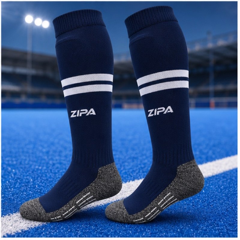 Custom knee-high field hockey socks with knitted club hoops manufactured by ZipaSports