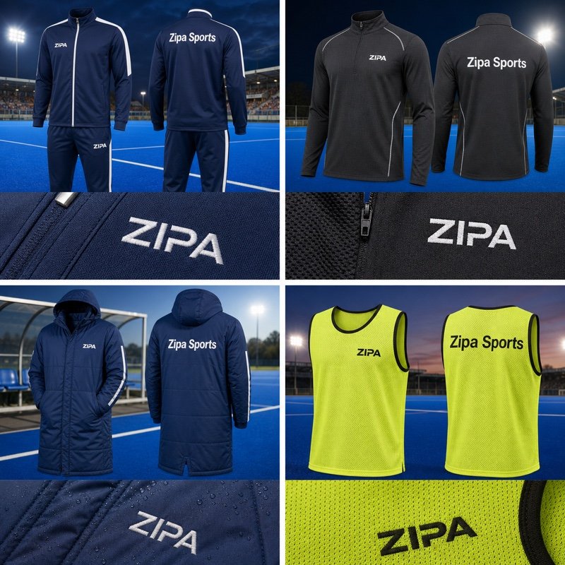 Custom field hockey sideline bench coat with embroidered club crest manufactured by ZipaSports