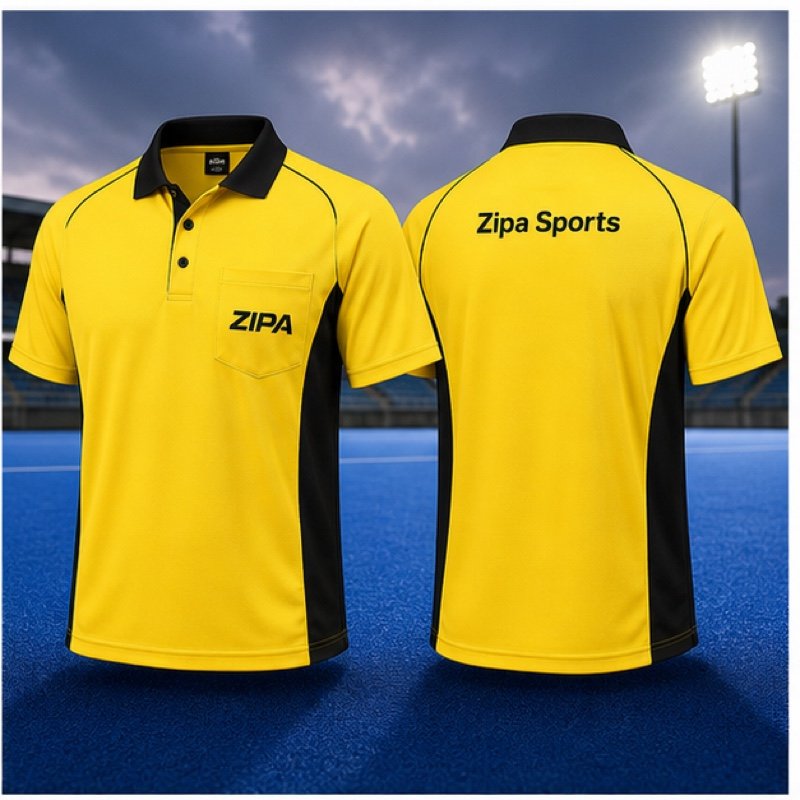 Custom field hockey umpire shirt in high-contrast colourway manufactured by ZipaSports