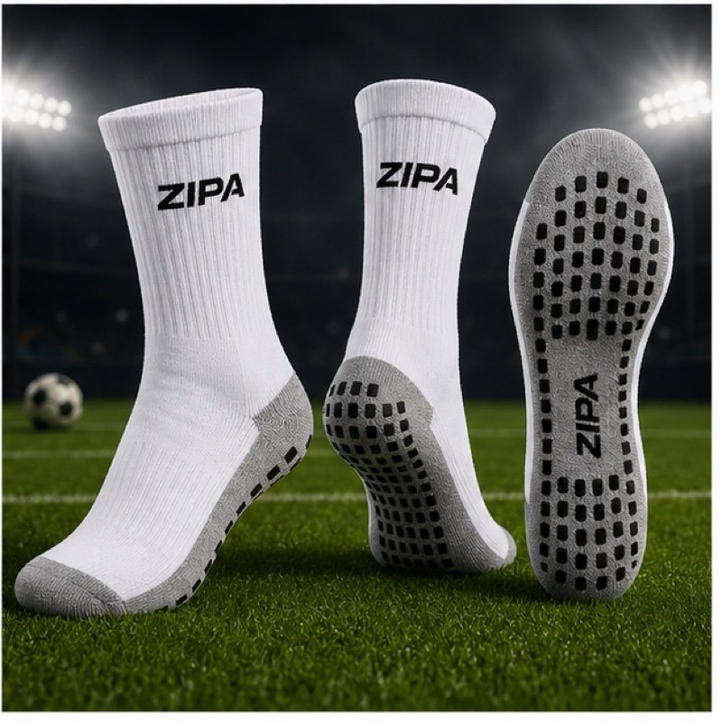 Custom anti-slip football grip socks with silicone dot pads manufactured by ZipaSports