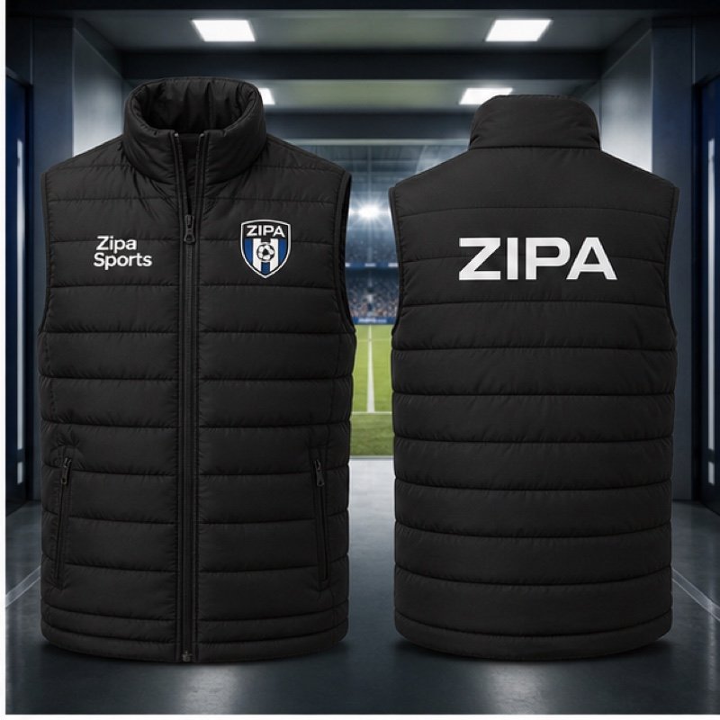 Custom padded football club gilet for coaching staff manufactured by ZipaSports