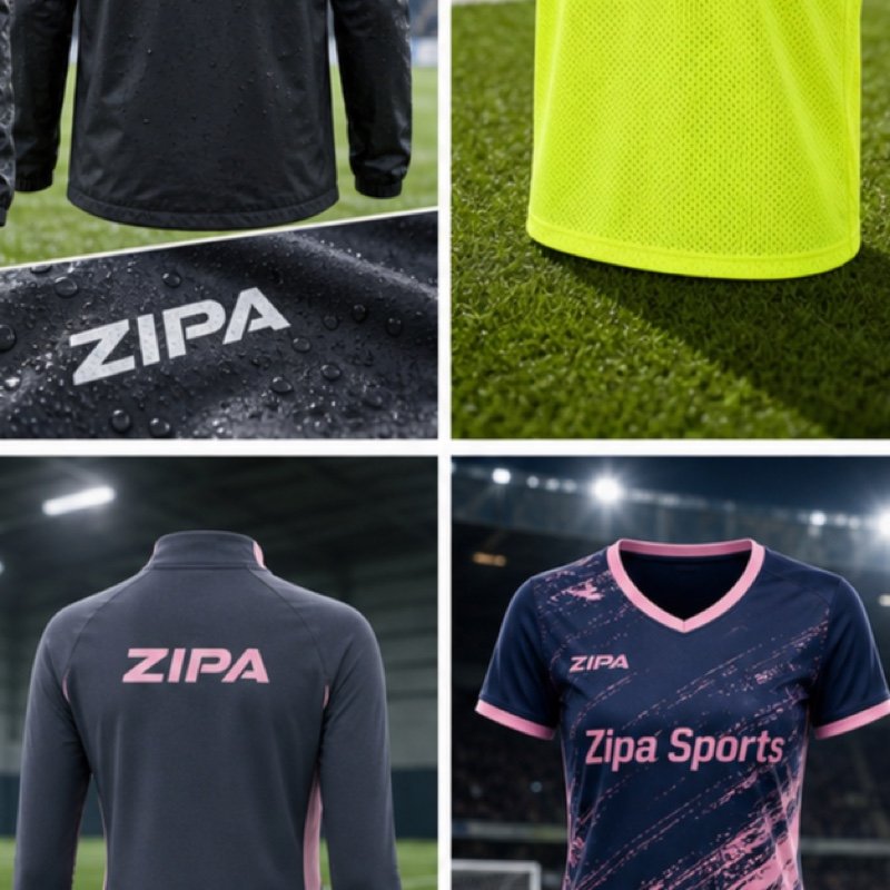 Custom football rain training jacket with taped hood and club crest manufactured by ZipaSports