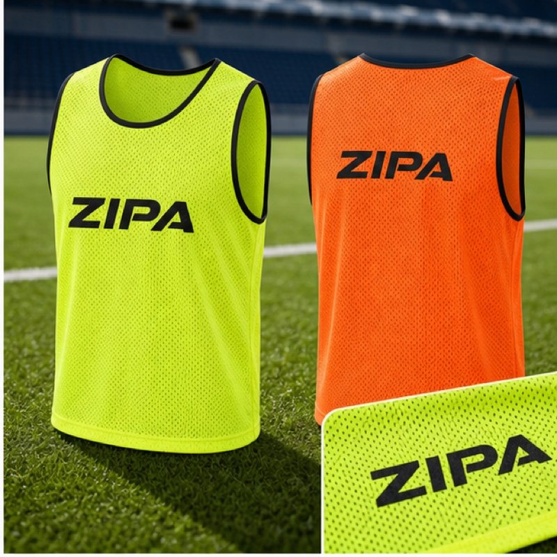 Custom numbered football training bibs in fluorescent mesh manufactured by ZipaSports