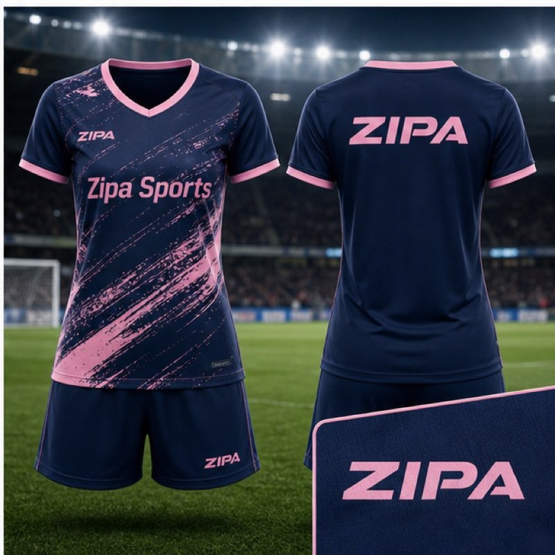 Custom women's football kits with shaped jersey and shorts manufactured by ZipaSports