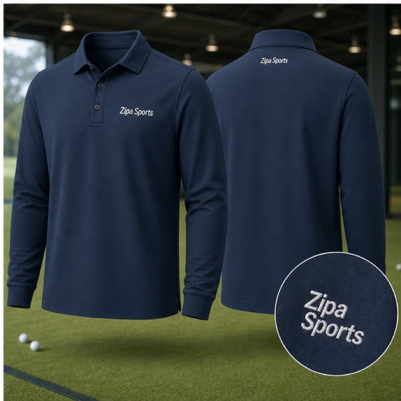 Custom long-sleeve golf polo shirt manufactured by ZipaSports