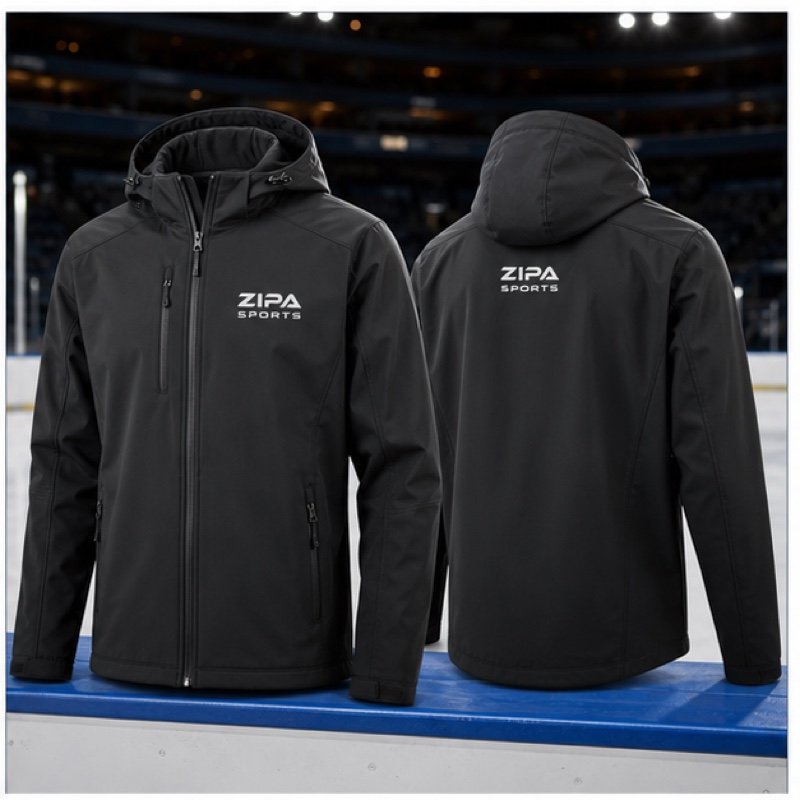 Custom ice hockey coach softshell jacket with embroidered club crest manufactured by ZipaSports