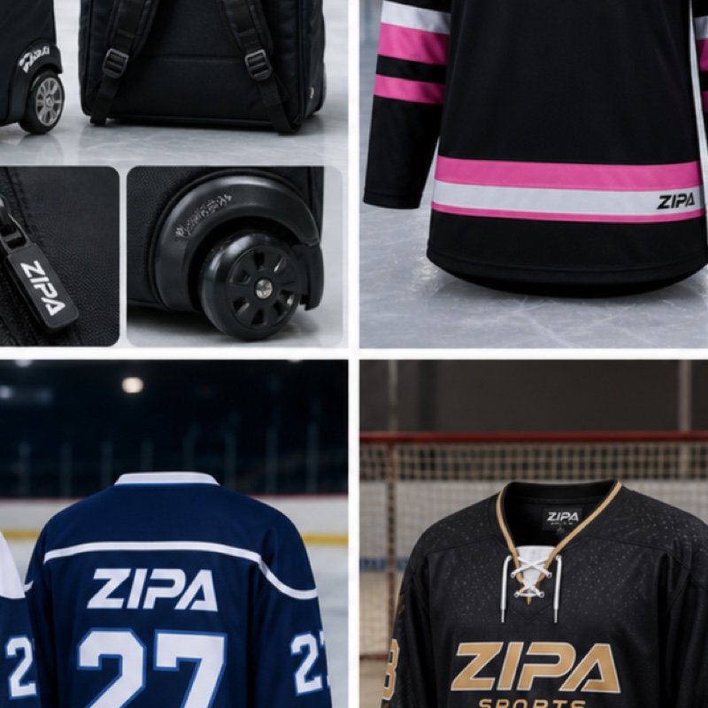 Custom wheeled ice hockey equipment bag in 600D polyester with skate pockets manufactured by ZipaSports