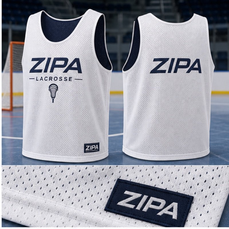 Custom reversible lacrosse pinnie with sublimated numbers manufactured by ZipaSports