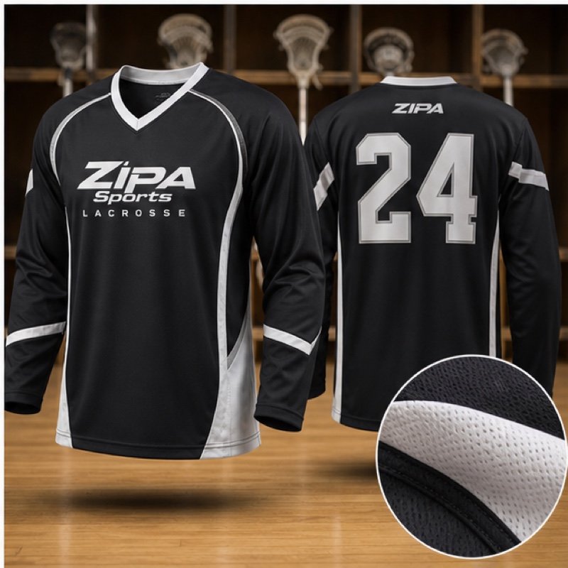Custom long-sleeve lacrosse match jersey manufactured by ZipaSports