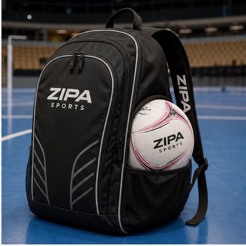 Custom netball backpack with front ball net in 600D polyester manufactured by ZipaSports