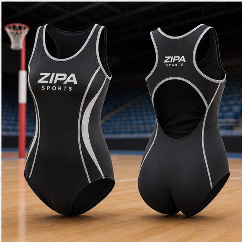 Custom netball bodysuit with sublimated panel graphics manufactured by ZipaSports