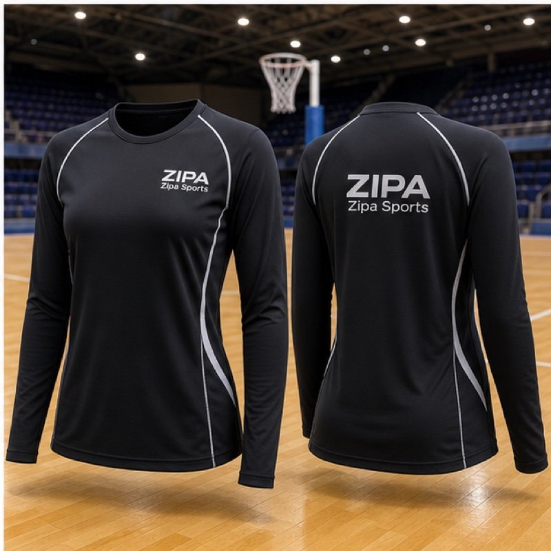 Custom netball long-sleeve training top manufactured by ZipaSports