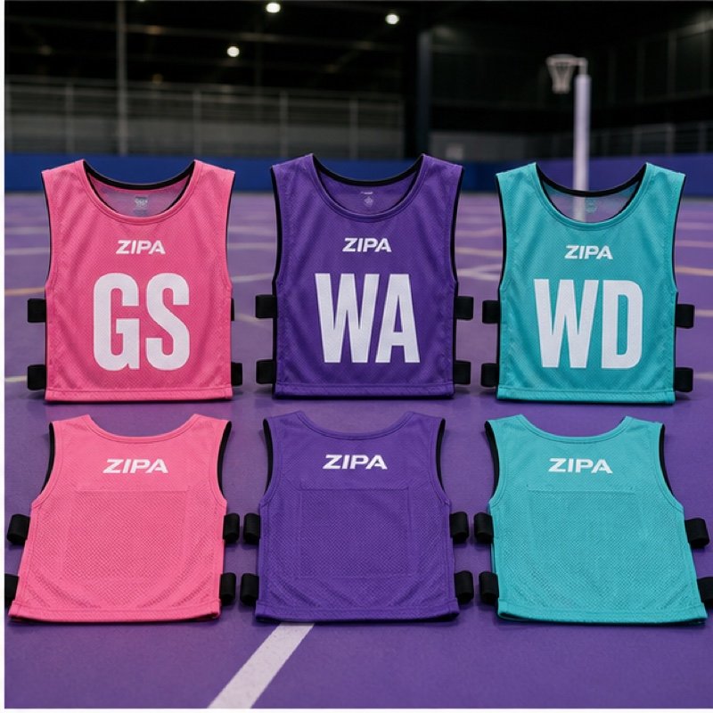 Custom netball position bib set with sublimated GS GA WA C WD GD GK lettering manufactured by ZipaSports