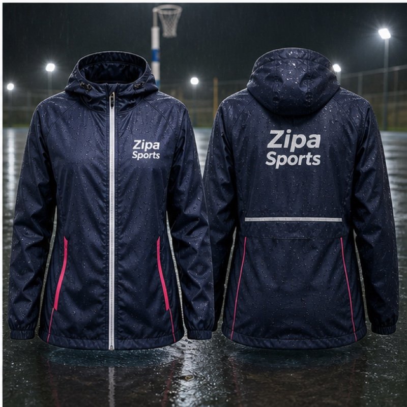 Custom netball rain jacket manufactured by ZipaSports