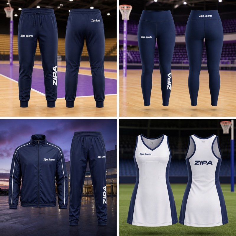 Custom netball travel tracksuit with player name on the jacket back manufactured by ZipaSports