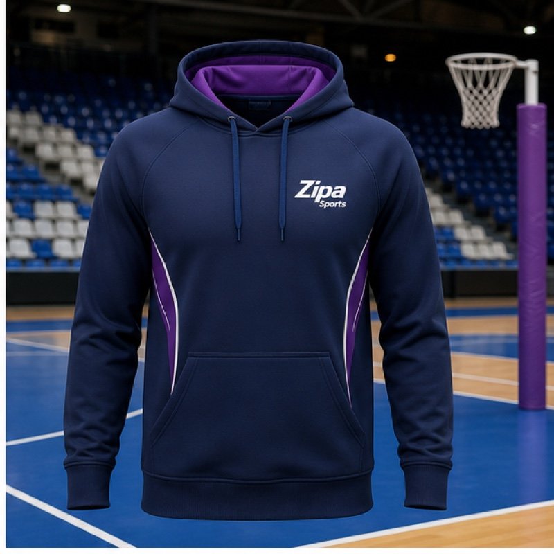 Custom netball team hoodie in brushed fleece with printed club branding manufactured by ZipaSports