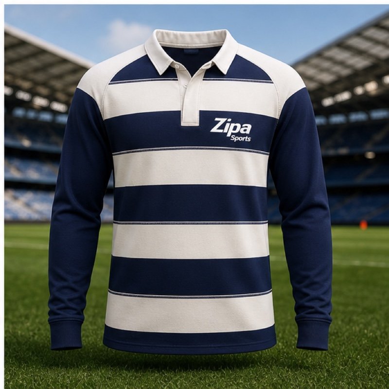 Custom long sleeve rugby jersey with sublimated club crest manufactured by ZipaSports